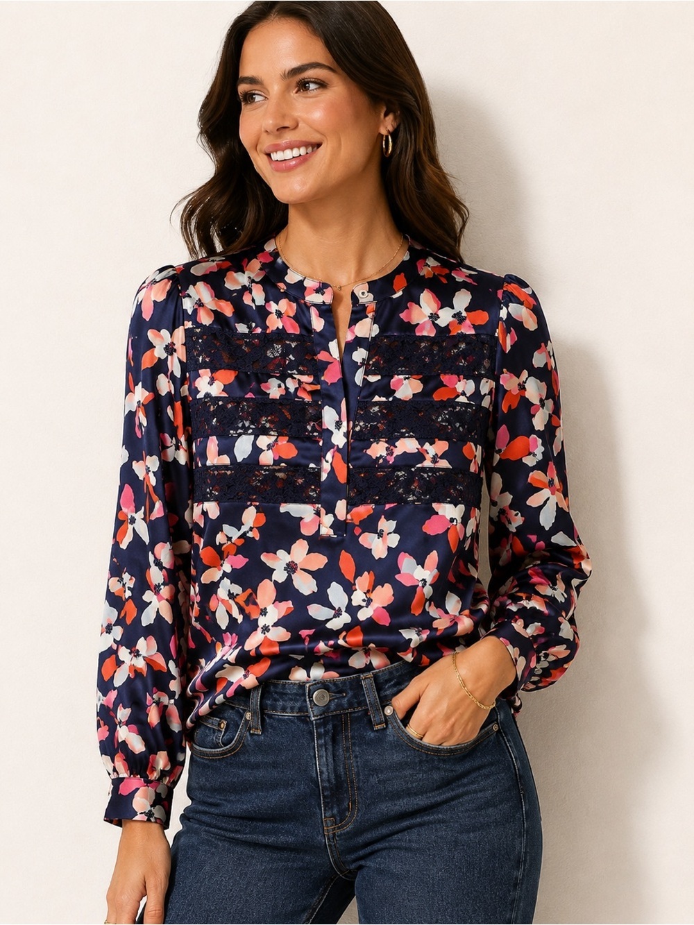 NWT Draper James 100% Silk Floral Blouse Size 4 Navy Lace Trim Long Sleeve Top